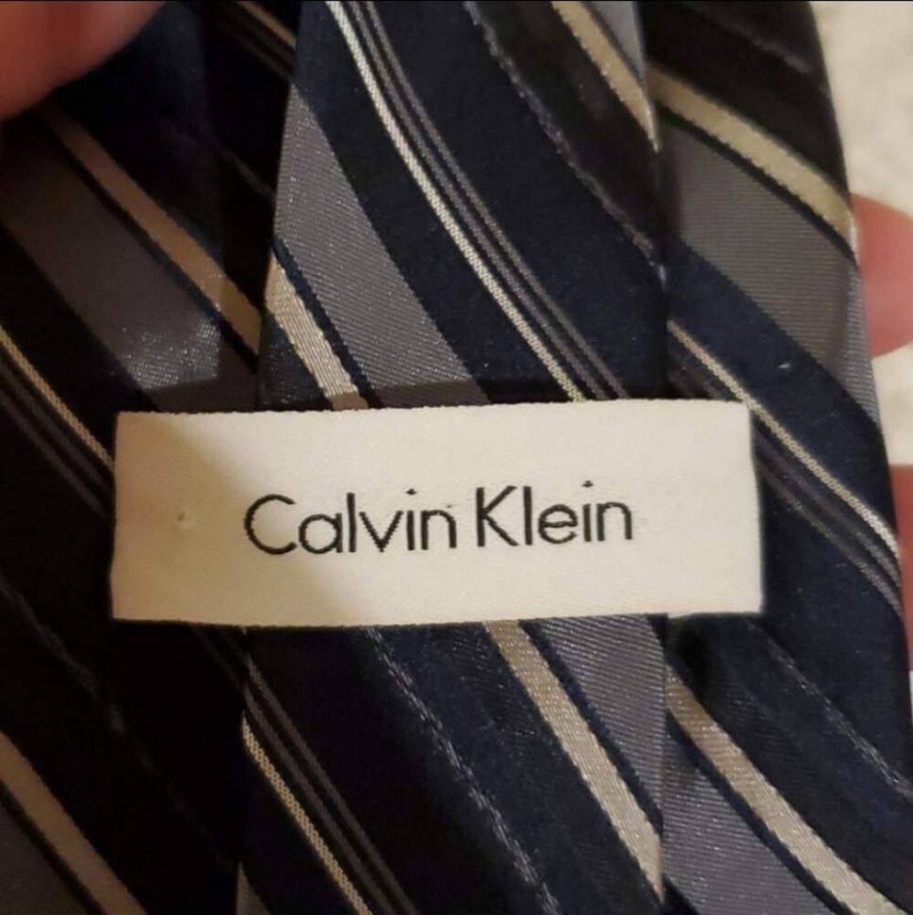VTG Calvin Klein Necktie Gray Blue Black Diagonal Striped Mens Designer Tie